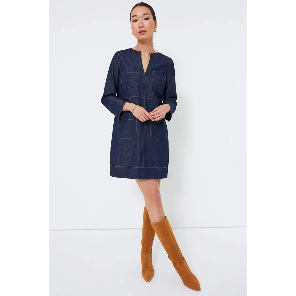 Tuckernuck Women Blue Denim Shift Mini Dress Long Sleeve B1378 Size S